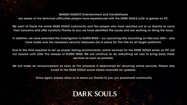 Dark Souls sunucuları Elden Ring çıkana kadar kapalı kalacak